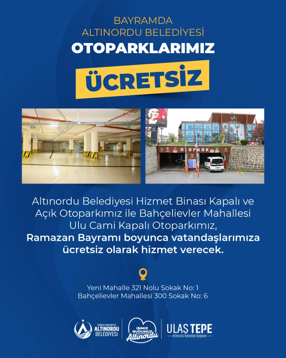 BAYRAMDA ALTINORDU BELEDİYESİ OTOPARKLARI ÜCRETSİZ